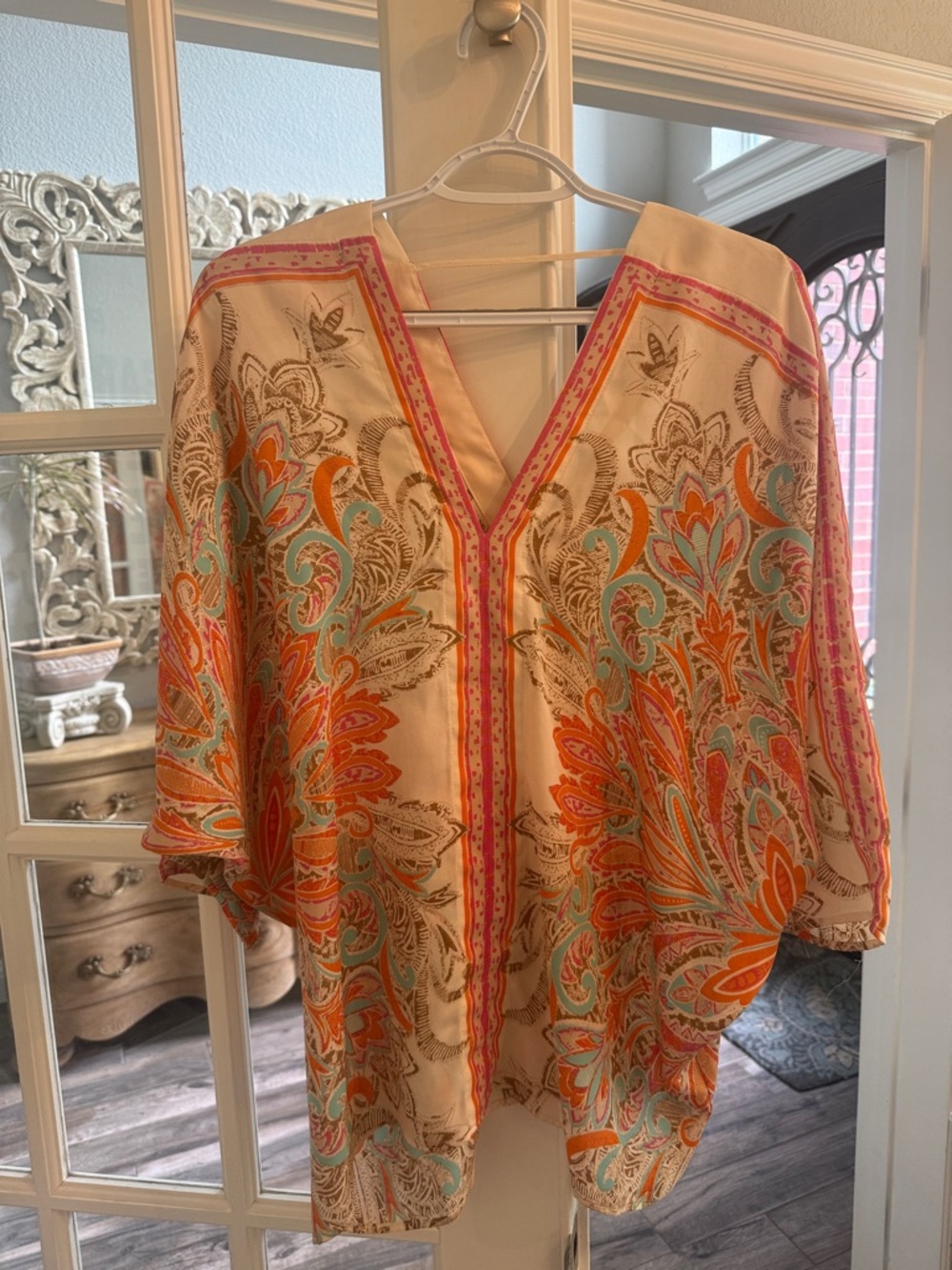 Women’s Cream Paisley V-Neck Tunic with Orange & Teal Accents